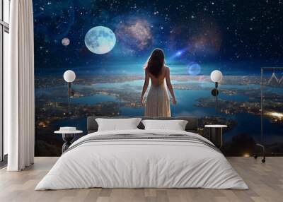    beautiful young woman in white dress stay on earth and watch starry sky moon planet surrealism,nature cosmic backgrount fantasy,generated ai Wall mural