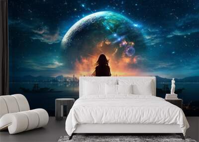   beautiful young woman  stay on earth and watch starry sky  moon  planet surrealism,generated ai Wall mural