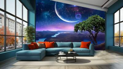   beautiful young woman  stay on earth and watch starry sky  moon  planet surrealism,generated ai Wall mural