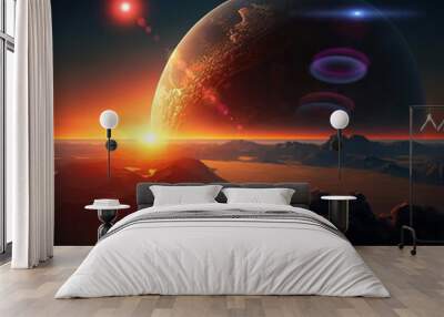  earth and moon on sunset ,  night alien planet space starry sky flares cosmic fantastic background generated ai Wall mural