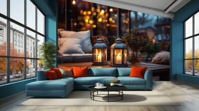  evening  winter terrace  outside ,blurred lantern c andle light, soft sofa ,cozy atmosfear Christmas decorated  illuminated  decoration Wall mural