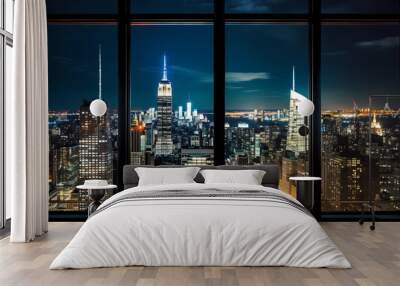  New York city panorama at night view from windows blurred light usa urban,generated ai Wall mural