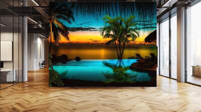  night resort tropical palm and straw bungalow green blue pool water candles on table and blurred candles light starry sky exotic holiday vacation travel backgrounds,generated ai Wall mural