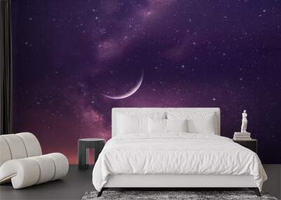  purple blue starry sky and  full moon sunset nebula comet meteor stars fall shower lilac pink   reflection on sea with planet flares universe  nebula telescope Wall mural