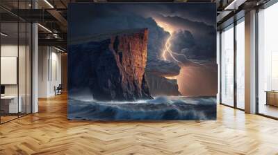   storm  on  sea at sunset lightening wild nature dramatic cloudy sky sun beam tree on  rock and ocean water wave dramatic nature generated ai Wall mural