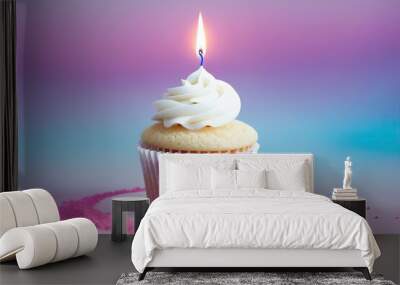 a cupcake with a single candle sticking out of it colorfully, generative ai Wall mural