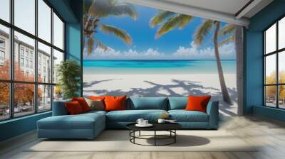 A white sand beach, turquoise sea and palm trees, generative ai Wall mural