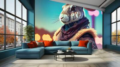 An ingenious blend of fantasy and reality, presenting a hare in a SteamPunk style, donning a hat reminiscent of a Native American chief. Created with Generative AI technology. Wall mural