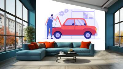 Auto mechanic repairing and checking the broken car with a wrench in a garage. Concept of car repair, vehicle inspection, auto service. Vector illustration in flat design. Wall mural