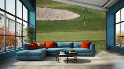 Beautiful green field golf and lot of golf balls on the grass Wall mural