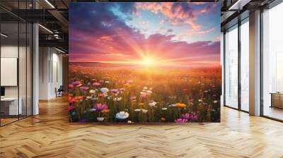 beautiful rainbow on sea at  sunset sky  wild field and flowers  field nature landscape  Wall mural