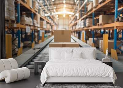 Cardboard Boxes on Conveyor Belt in Distribution Warehouse, Logistics Fulfillment Center Wall mural