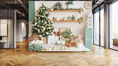 Christmas decor in kitchen. Christmas tableware. Christmas cooking utensils. Bright interior,  New Year's cuisine. New Year card template. White Mint Colors Kitchen. Christmas tree in the kitchen. Wall mural