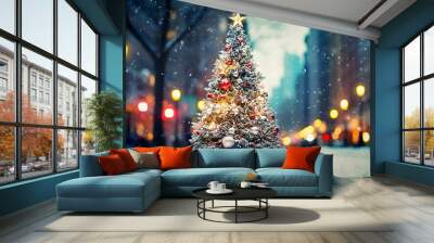 Christmas tree decorated illuminated on snowy evening  winter city street in New York Wall mural