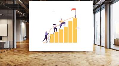 Concept of career, professional growth, coaching, career planning, career development, and team work. Businessman and employee on the stairs go to the goal. Vector illustration in flat design Wall mural