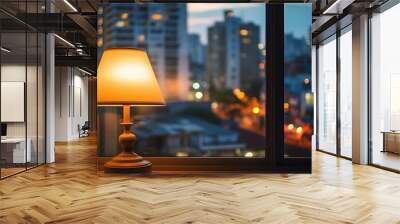 cozy evening room ,lamp on window top with view on night city buildings    Wall mural