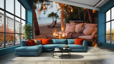 cozy Luxury resort, evening beach, candles blurred light on table ,sofa, hammock on front sunset sea ,tropical plan and palm Wall mural