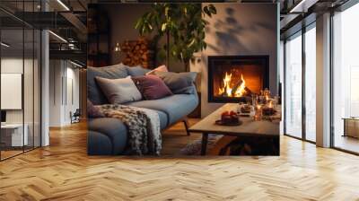 cozy room with sofa ,candle light and kamin on front evening windows ,urban city life modern design Wall mural