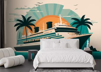 Cruise liner with palm trees sails on the sea Wall mural