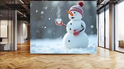 Cute snowman holding steaming cup in winter wonderland representing holiday cheer Wall mural