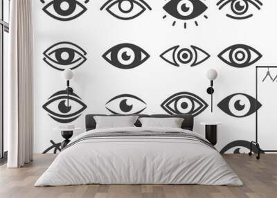 Eyes in different styles bold black silhouette icons set isolated on white. Vision test, lenses pictograms. Wall mural