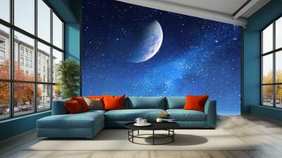 full moon on starry night at sunset sea , blue  pink cloudy sky sunset light horizon boat skyline nebula , nature landscape  Wall mural