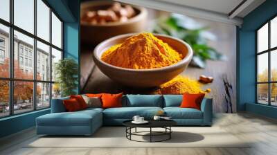 Generative AI Alternative medicine, antioxidant food, and herbal remedy concept theme with close up on supplement pill of curcumin or turmeric. Wall mural