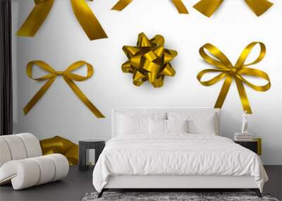 Gold bows with two, four or more loops in different style. Decorations with thin and wide ribbons. Wall mural