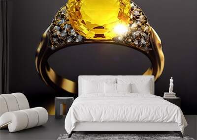 gold ring with yellow citrin  , cubic zirconia cristal woman jewelry 3 d illustration Wall mural