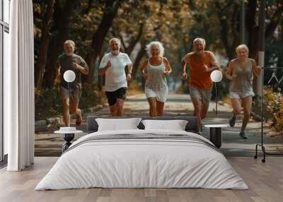 Group of Five Active Senior Adults Jogging in the Park, Maintaining Healthy Lifestyle Wall mural