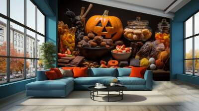 Halloween pumpkin head jack-o-lantern, treats and sweets. Happy Halloween background. Scary Lantern. All saints day. Day of Death.. Wall mural