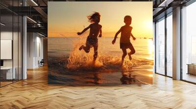 happy two children ,small boys on sunset sea run and play on beach and in sea water, sunbeam light refclection on wave splash drops   Wall mural