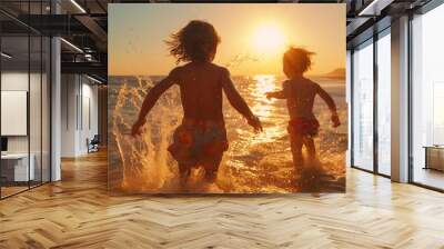 happy two children ,small boys on sunset sea run and play on beach and in sea water, sunbeam light refclection on wave splash drops   Wall mural