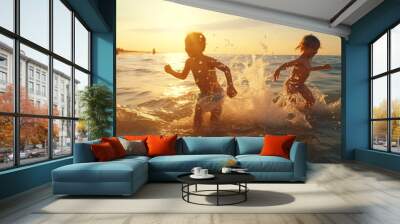 happy two children ,small boys on sunset sea run and play on beach and in sea water, sunbeam light refclection on wave splash drops   Wall mural