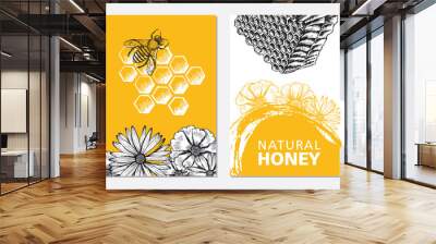 Honey and bees flyer set, hand drawn illustrations. Vector. Wall mural