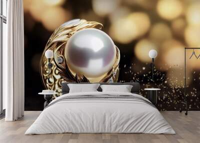 jewelry gold ring with white pearl and small citrin woman  Wall mural