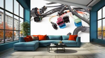 A cable of matted wires of different colors with connectors in the electrical wiring of the car. Internet line in the work of the provider. Wall mural