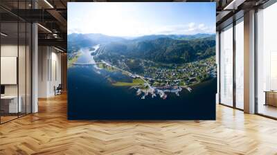 Aerial drone view of planet earth with the image of nature and picturesque landscapes near a mountain with deep blue Teletskoye Lake and mountains Wall mural