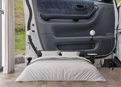 An open rear door of a Japanese car with black plastic trim with an automatic power window, a lock button on the panel and a compartment for storing items. Wall mural