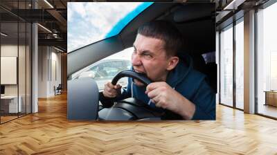 An unbalanced, goosey man bites a car steering wheel from anger while driving in a traffic jam or after an accident. A nervous and nutty guy cannot restrain his emotions and yells at other road users. Wall mural