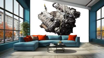 Close Up of V6 engine for the maintenance and repair of a car in a auto service on white isolated background. Vehicle parts catalog. Wall mural