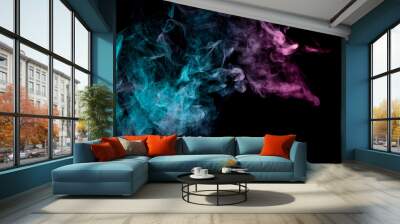 Colored background with winding clouds of smoke from patterns of different forms of pink, green and blue colors with tongues of flame on a black isolated background. Print for t-shirt. Wall mural