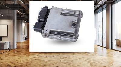 Plastic car engine control unit with metal elements on a white isolated background is the connecting center of various subsystems, units and assemblies. Monitoring the state of the moment. Spare part. Wall mural