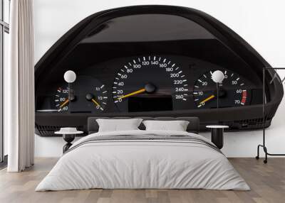 The dashboard of the car with white arrows with a speedometer, tachometer and other tools to monitor the condition of the vehicle in modern style on white isolated background Wall mural