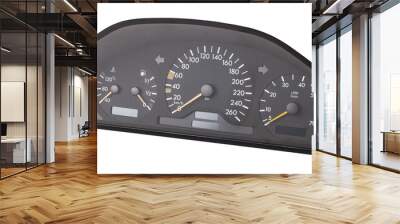 The dashboard of the car with white arrows with a speedometer, tachometer and other tools to monitor the condition of the vehicle in modern style on white isolated background Wall mural