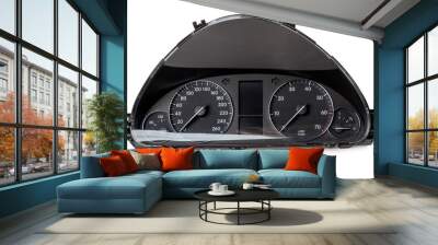 The dashboard of the car with white arrows with a speedometer, tachometer and other tools to monitor the condition of the vehicle in modern style on white isolated background Wall mural