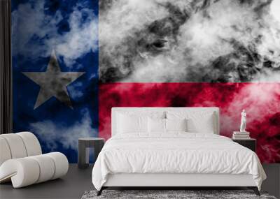 The national flag of the US state Texas in against a gray smoke on the day of independence in different colors of blue red and yellow. Political and religious disputes, customs and delivery. Wall mural