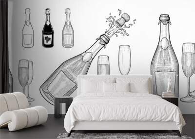 Festive set with champagne in vintage style. Graphic drawing for banner, postcard, poster. Shamanskoe. Explosion of a bottle of champagne. Champagne glasses. Wall mural