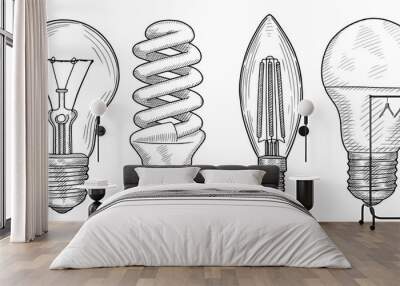 Hand-drawn set of vector sketches of different light bulbs Wall mural