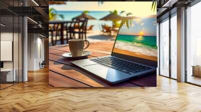 laptop on wooden table on the beach tropical sea vacation resort internet connection pc online job ,generated ai Wall mural